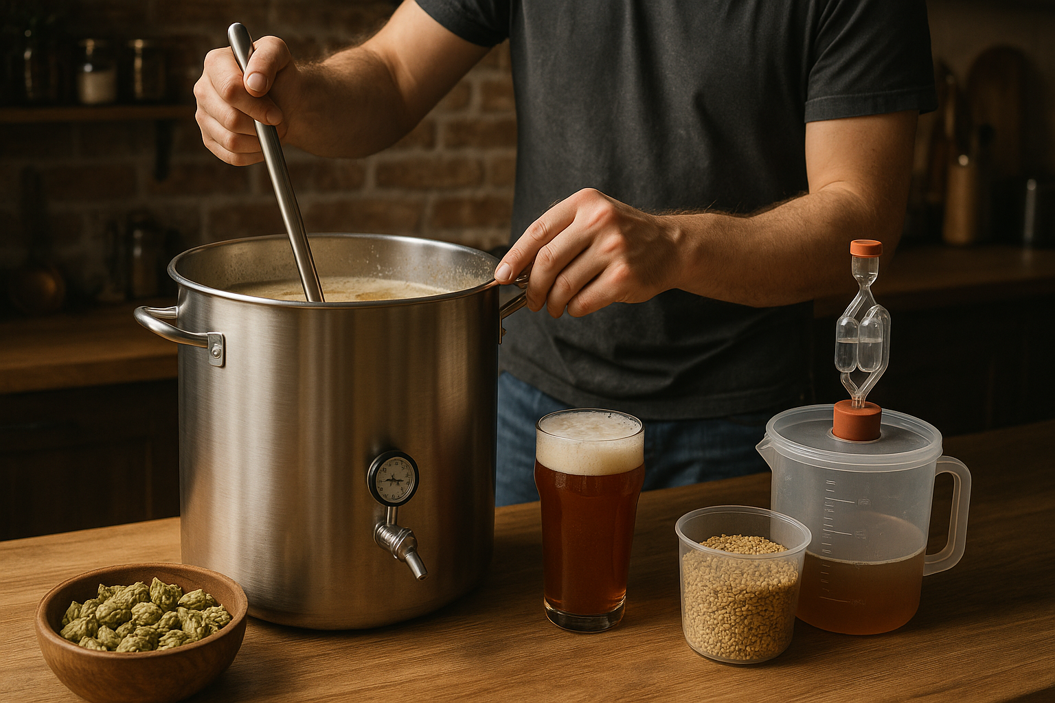 Hausgemachtes Bier brauen in der Küche mit Gärtopf, Hopfen und Malz